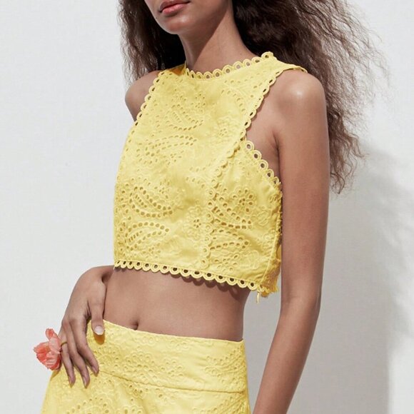 Yellow Boho Women's Floral Hollow Out Full Embroidery  Crop Top - Picture 6 of 10